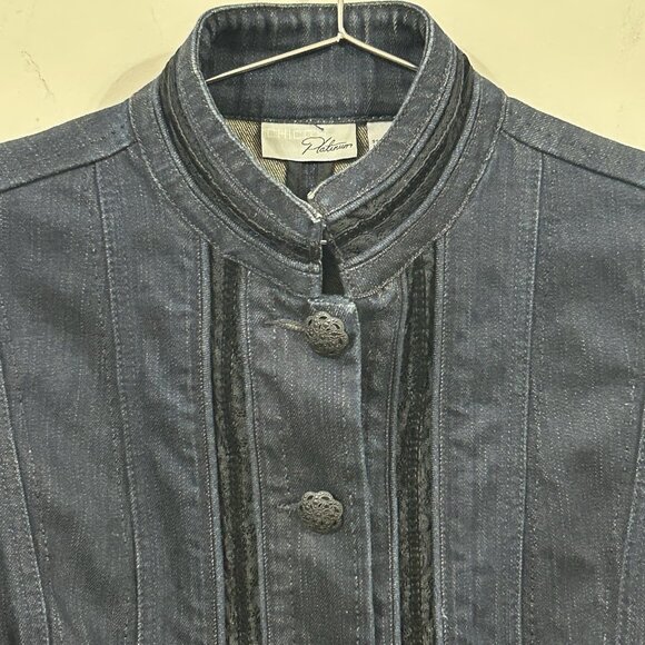 CHICO'S Jacket Sz 1 Black Velvet Lace Trim Stretch Denim Flared Waist Buttons - Picture 3 of 12
